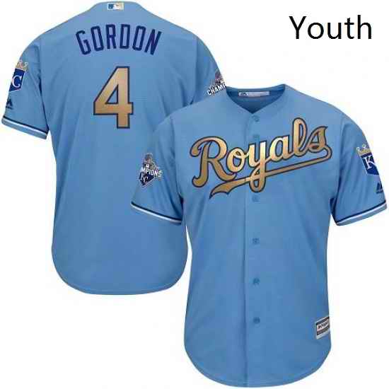 Youth Majestic Kansas City Royals 4 Alex Gordon Authentic Light Blue 2015 World Series Champions Gold Program Cool Base MLB Jersey